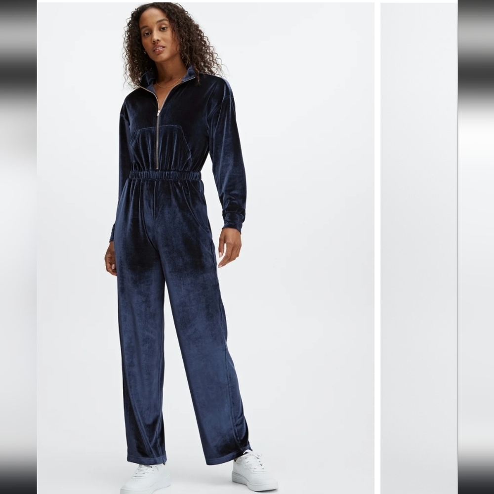 Fabletics Velour zip up wide leg onesie- size small
